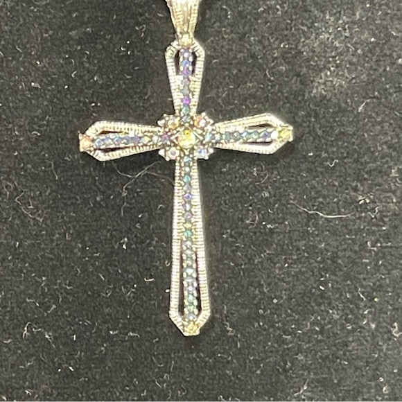Silver Tone Cross Pendant Necklace with Blue and Clear Rhinestones - Picture 2 of 7